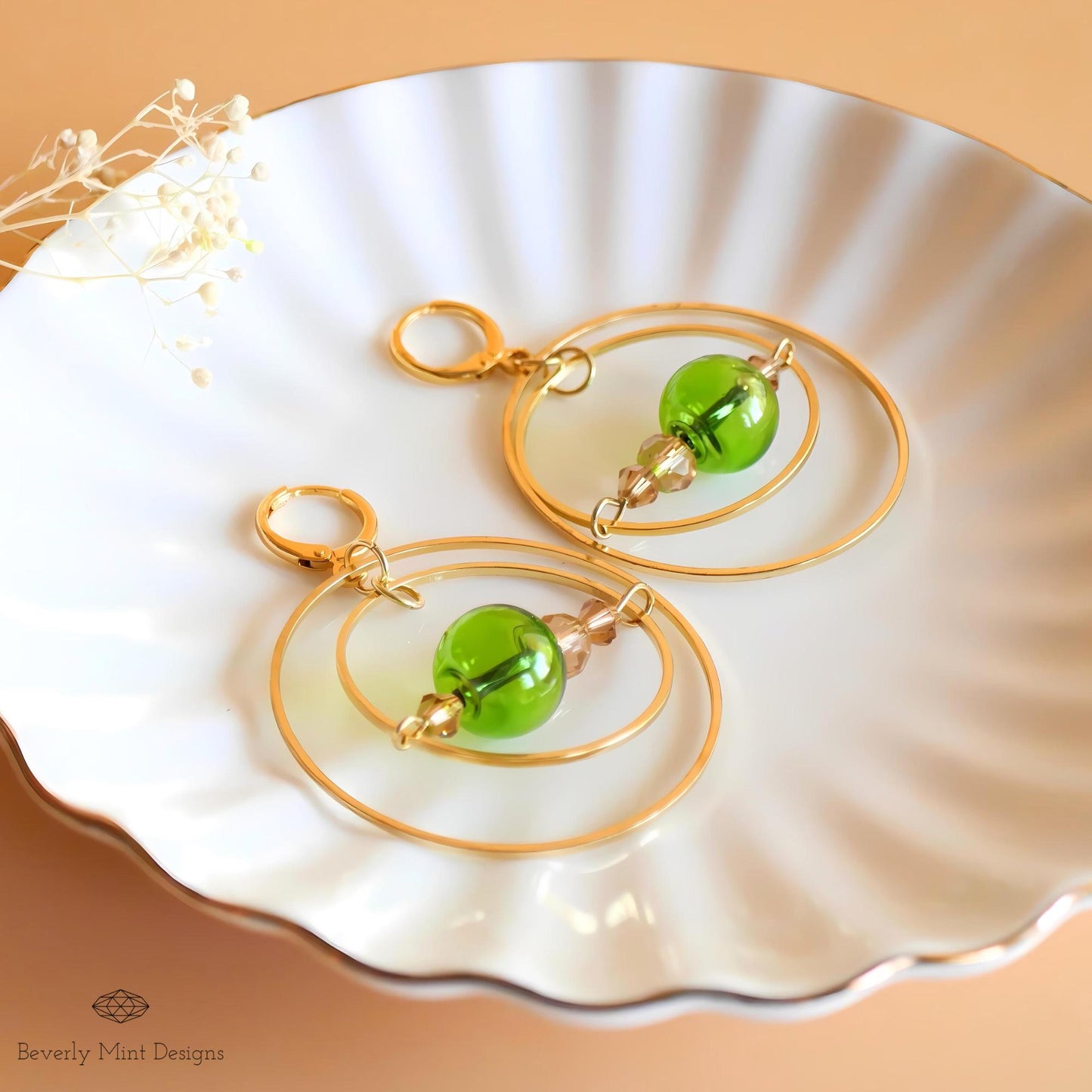 18K Gold Glass Ball Earrings, Green Drop Earrings, Dangle Long Earrings, Unique Glass Ball Earrings, Dangle Earrings, Drop Earrings