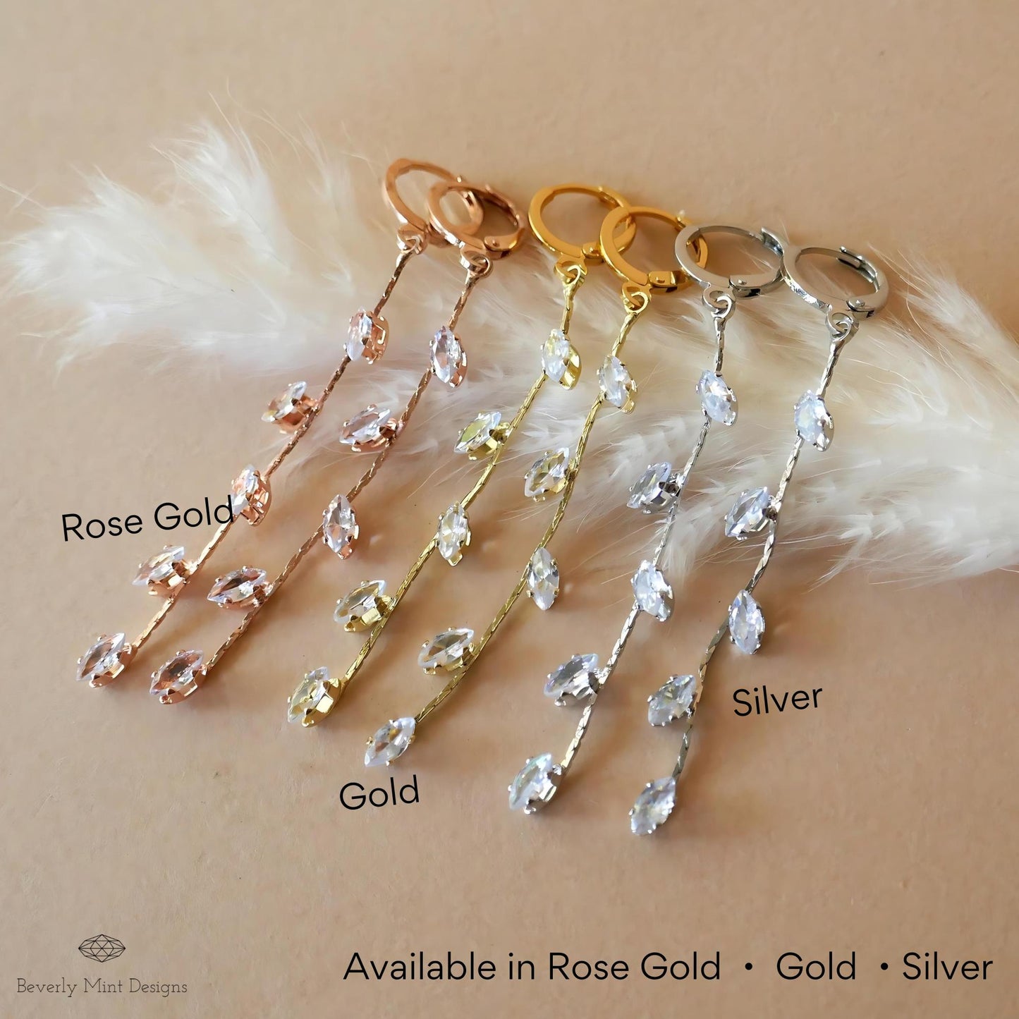 Gold Long Dangle Earrings, Crystal Leaf Drop Earrings, Delicate Bridal Jewelry, Minimalist Wedding Earrings, Elegant Gift for Her