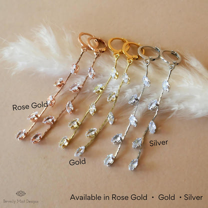 Gold Long Dangle Earrings, Crystal Leaf Drop Earrings, Delicate Bridal Jewelry, Minimalist Wedding Earrings, Elegant Gift for Her