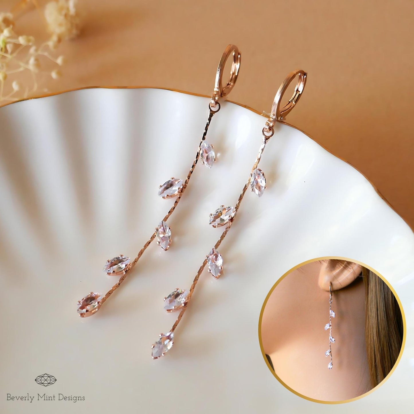 Rose Gold  Earrings, Leaves Earrings, Rose Gold Long Dangle Earrings, Leafy Earrings, Bridesmaid Jewelry, Wedding Gift, Gift For Her