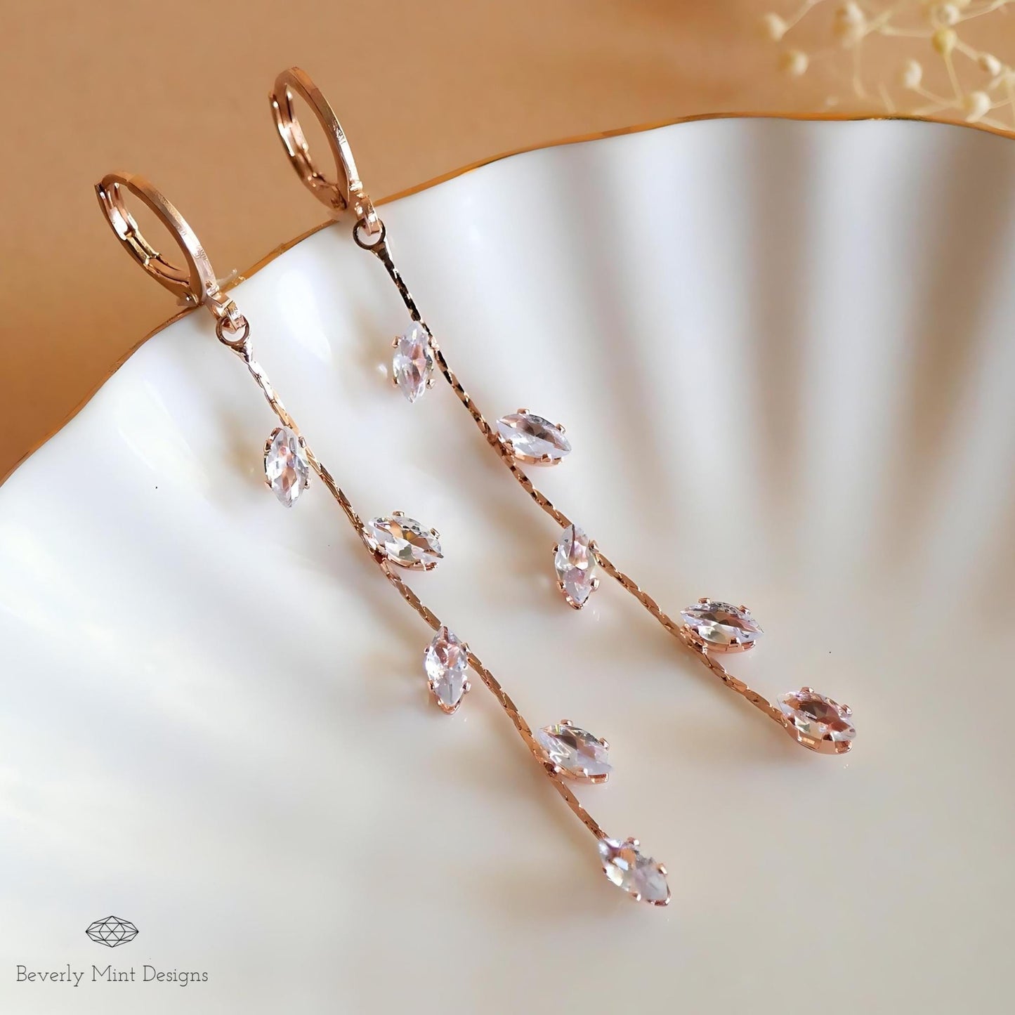 Rose Gold  Earrings, Leaves Earrings, Rose Gold Long Dangle Earrings, Leafy Earrings, Bridesmaid Jewelry, Wedding Gift, Gift For Her