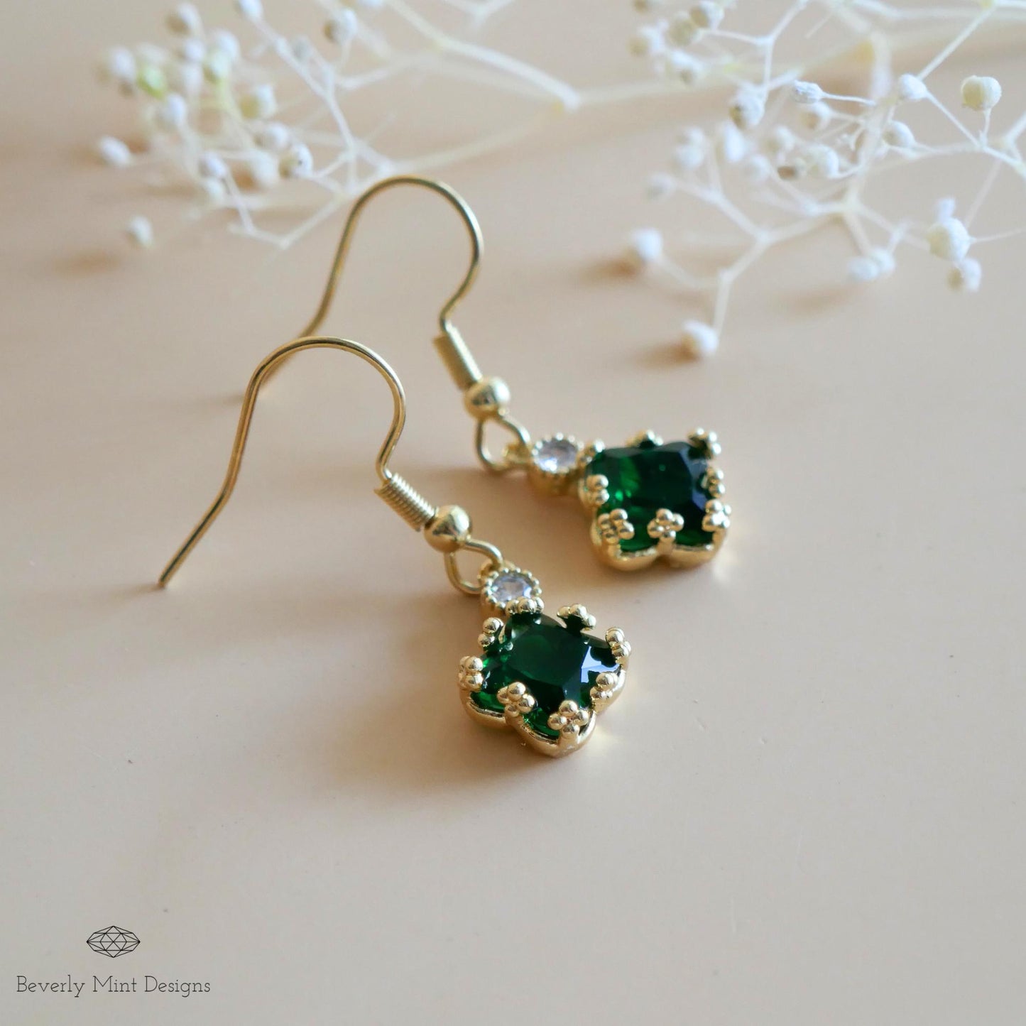 Emerald Green Small Charm Earrings, Green Earrings, 18K Gold Drop & Dangle Earrings, Minimalist Jewelry, Bridesmaids Gift, Anniversary Gift