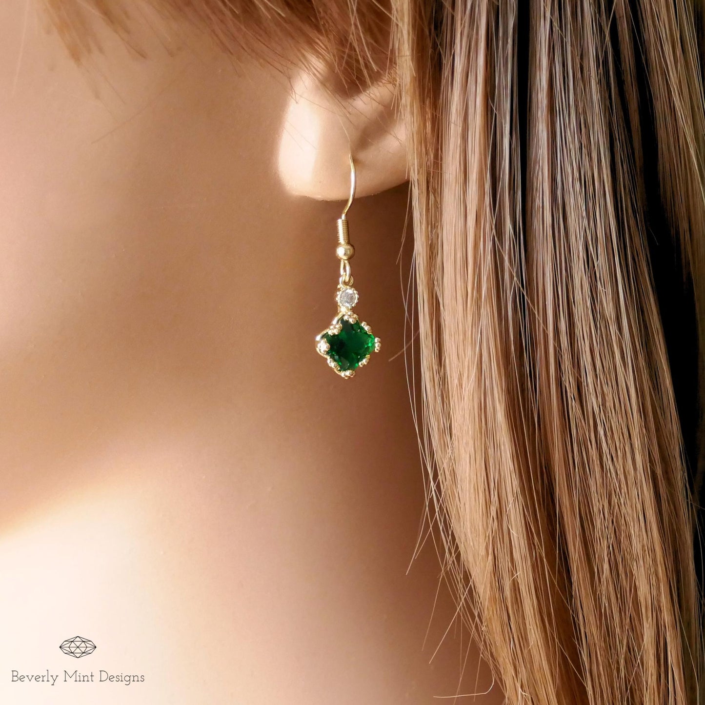 Emerald Green Small Charm Earrings, Green Earrings, 18K Gold Drop & Dangle Earrings, Minimalist Jewelry, Bridesmaids Gift, Anniversary Gift