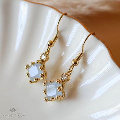 18K Gold Dainty Charm Earrings, Light Blue Earrings, Pale Blue Earrings, Drop & Dangle Earrings,  Bridesmaids Gift, Something Blue Earrings