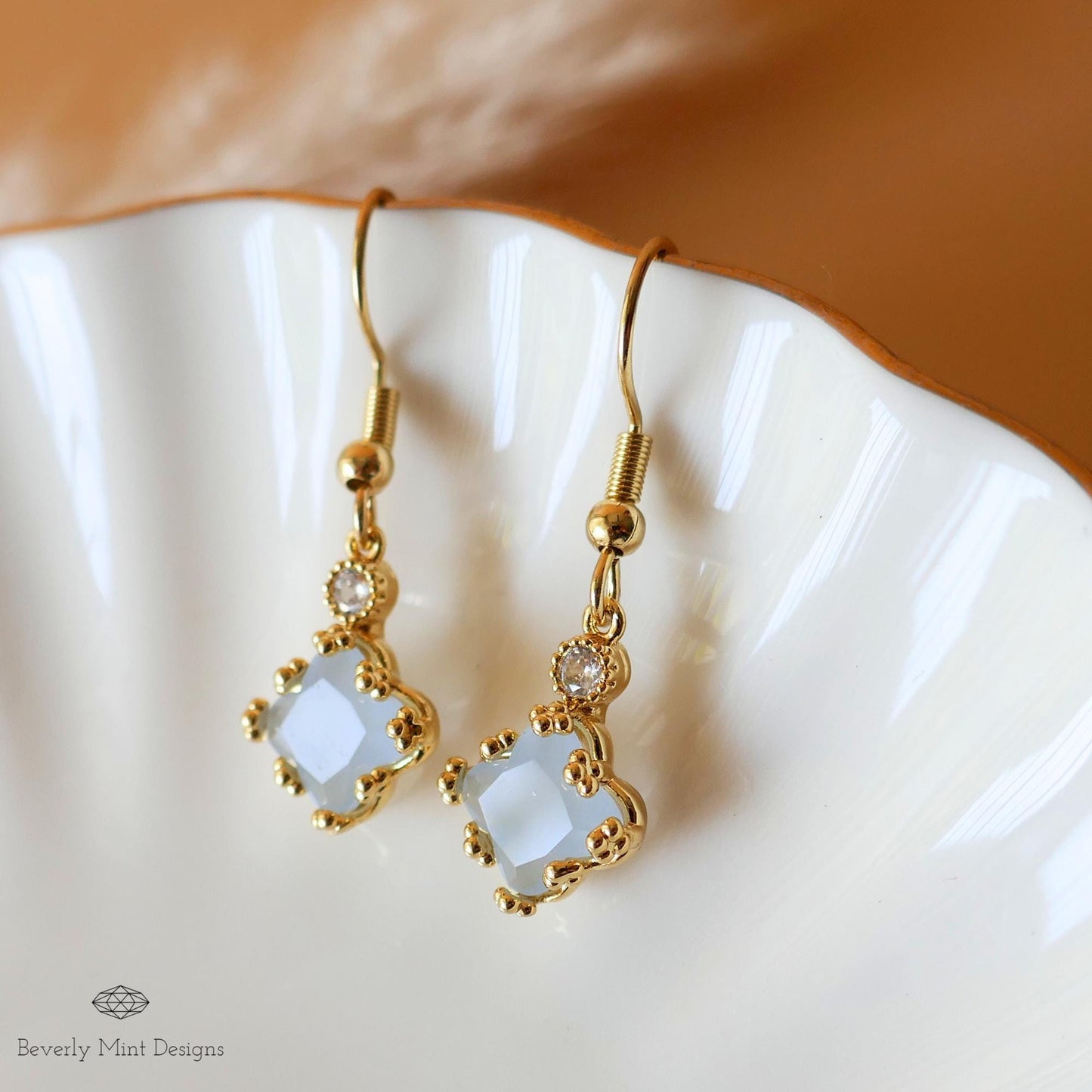 18K Gold Dainty Charm Earrings, Light Blue Earrings, Pale Blue Earrings, Drop & Dangle Earrings,  Bridesmaids Gift, Something Blue Earrings