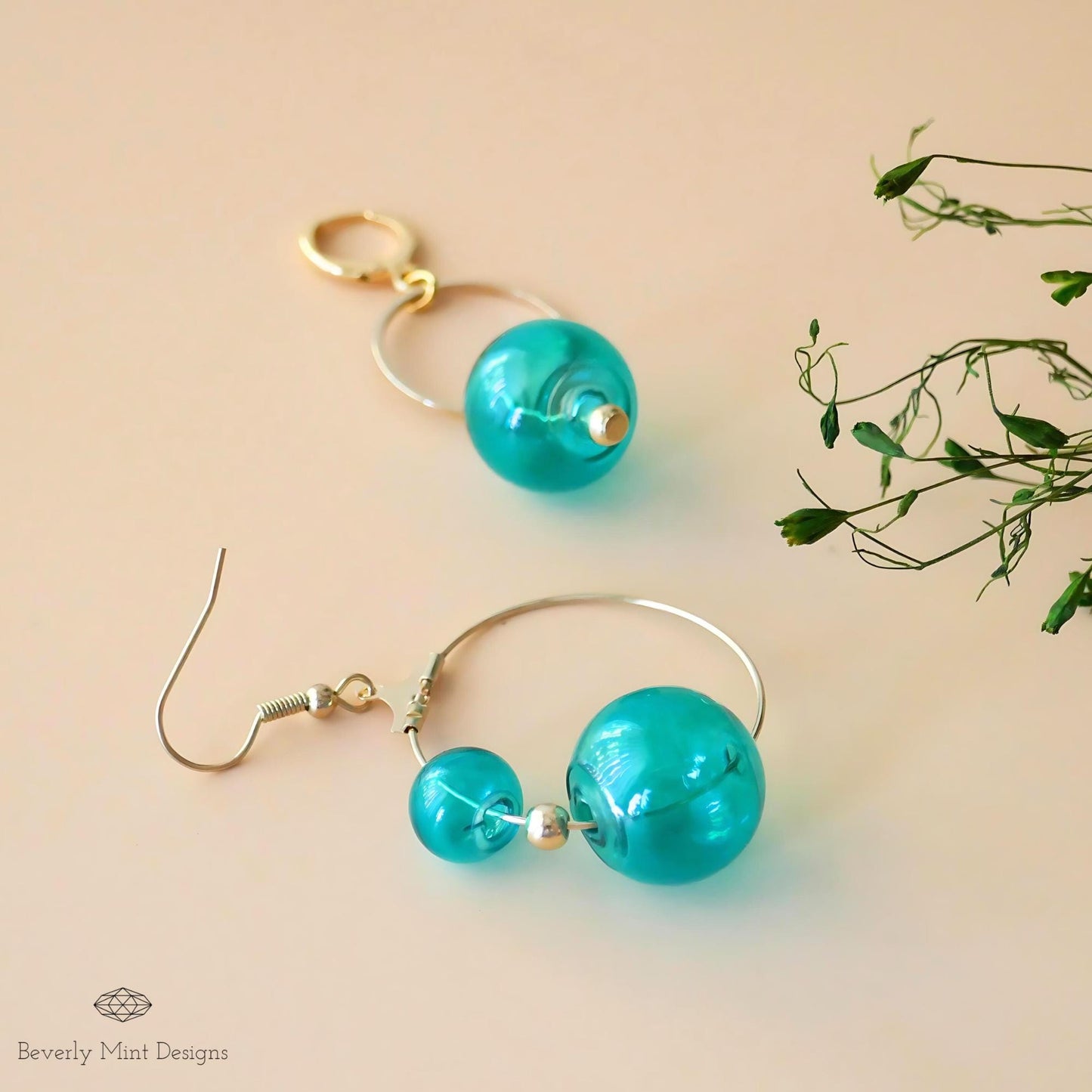 Green Dangle Earrings, Asymmetric Tassel Earrings, Blue Green Earring, Unique Glass Ball Earrings, Unique Mismatched Earrings