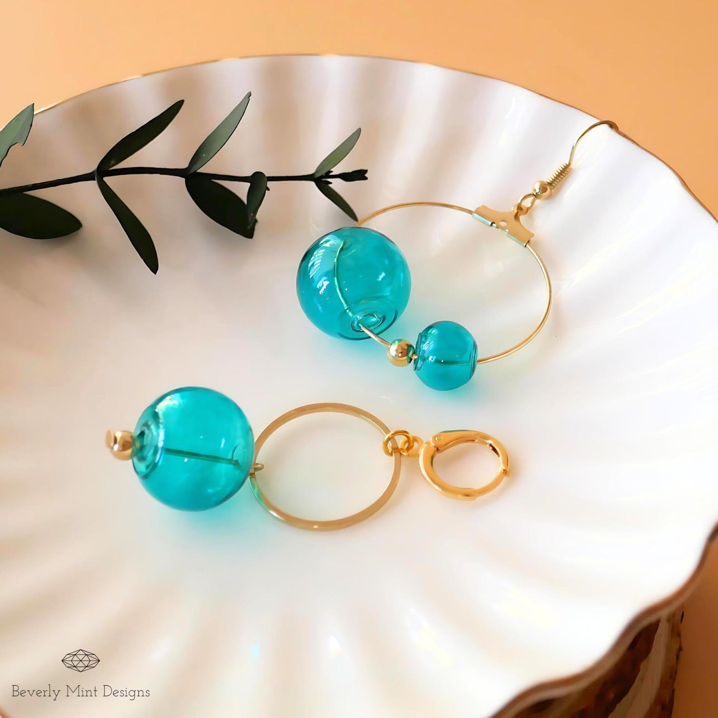 Green Dangle Earrings, Asymmetric Tassel Earrings, Blue Green Earring, Unique Glass Ball Earrings, Unique Mismatched Earrings