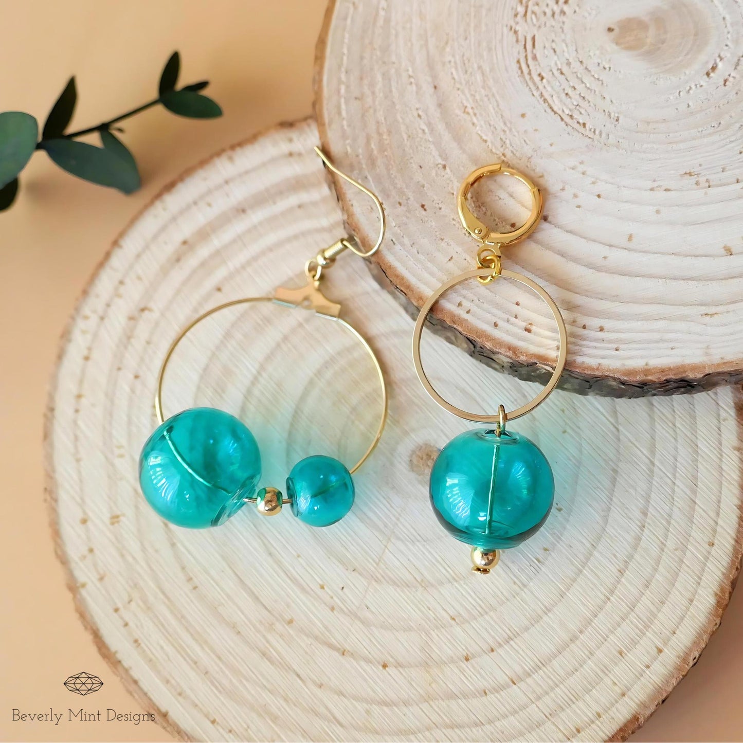 Green Dangle Earrings, Asymmetric Tassel Earrings, Blue Green Earring, Unique Glass Ball Earrings, Unique Mismatched Earrings