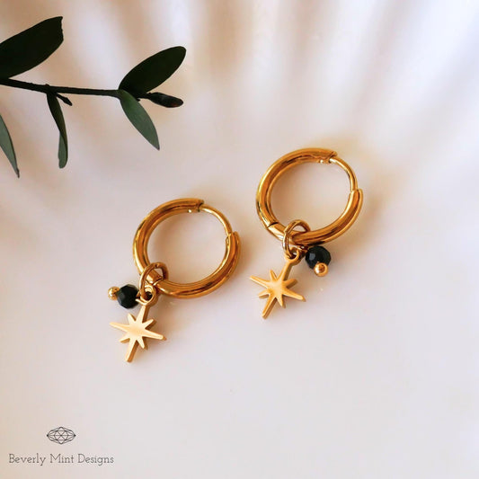 Vintage Style Hoop Earrings 18K Gold Earrings, Gold Star Charm Hoop Starburst Earrings with Black Beads Minimalist Earrings, Gift For Her