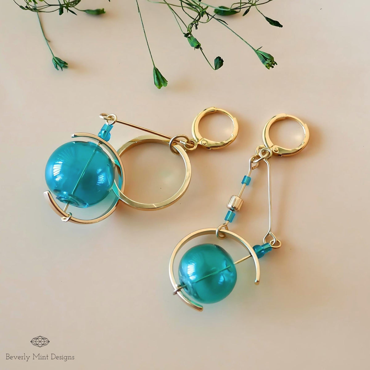 18K Gold Turquoise Glass Ball Earrings, Blue Green Dangle Earrings,Unique Mismatched Design, Sensitive Ear & Clip-On Options