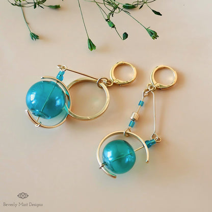 18K Gold Turquoise Glass Ball Earrings, Blue Green Dangle Earrings,Unique Mismatched Design, Sensitive Ear & Clip-On Options