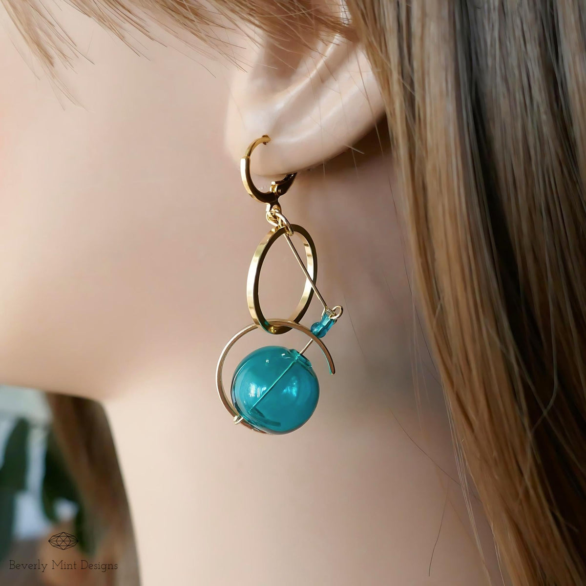 18K Gold Turquoise Glass Ball Earrings, Blue Green Dangle Earrings,Unique Mismatched Design, Sensitive Ear & Clip-On Options