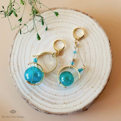 18K Gold Turquoise Glass Ball Earrings, Blue Green Dangle Earrings,Unique Mismatched Design, Sensitive Ear & Clip-On Options