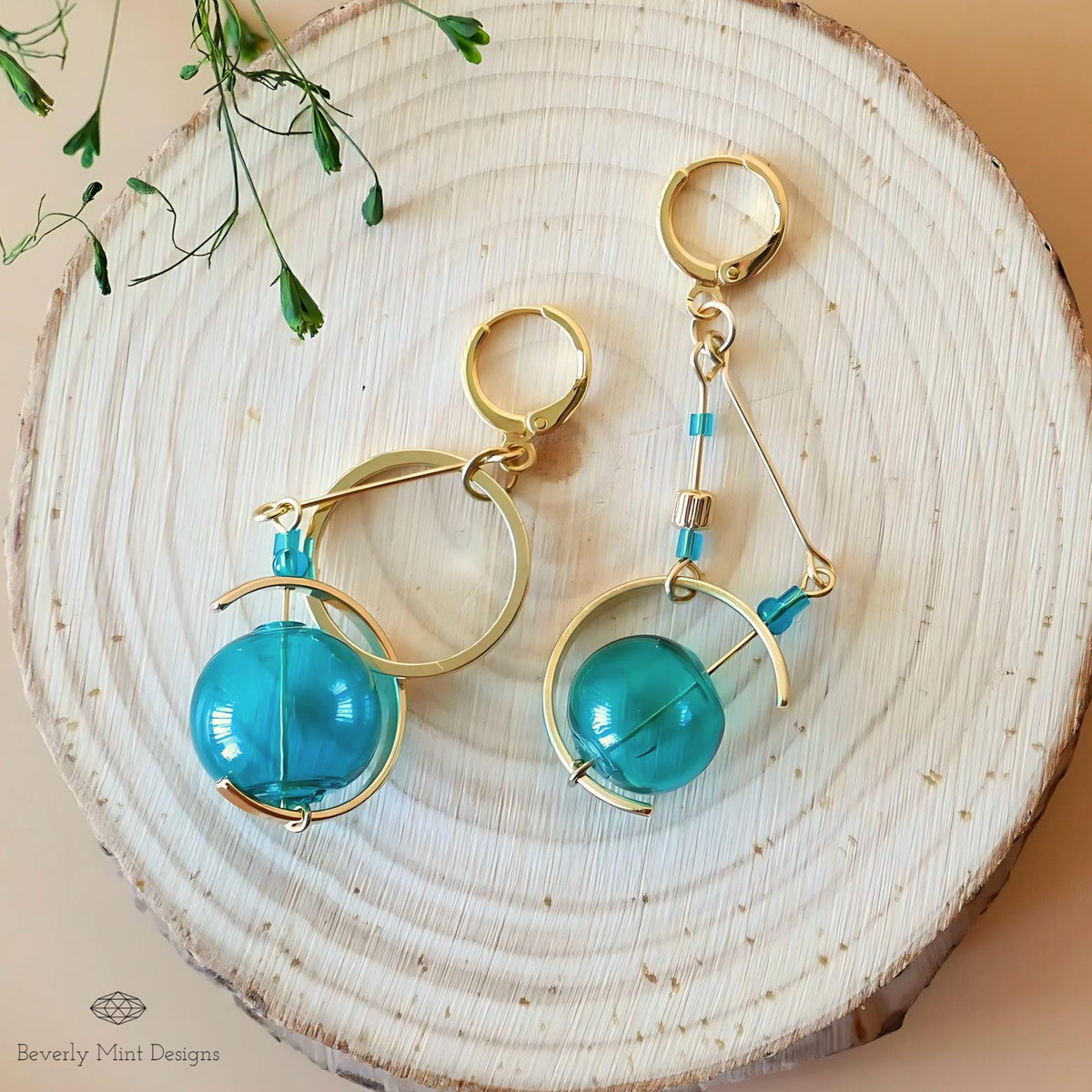 18K Gold Turquoise Glass Ball Earrings, Blue Green Dangle Earrings,Unique Mismatched Design, Sensitive Ear & Clip-On Options