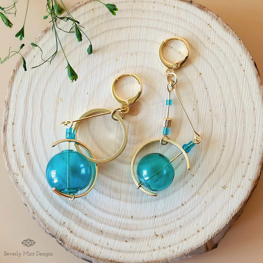 18K Gold Turquoise Glass Ball Earrings, Blue Green Dangle Earrings,Unique Mismatched Design, Sensitive Ear & Clip-On Options