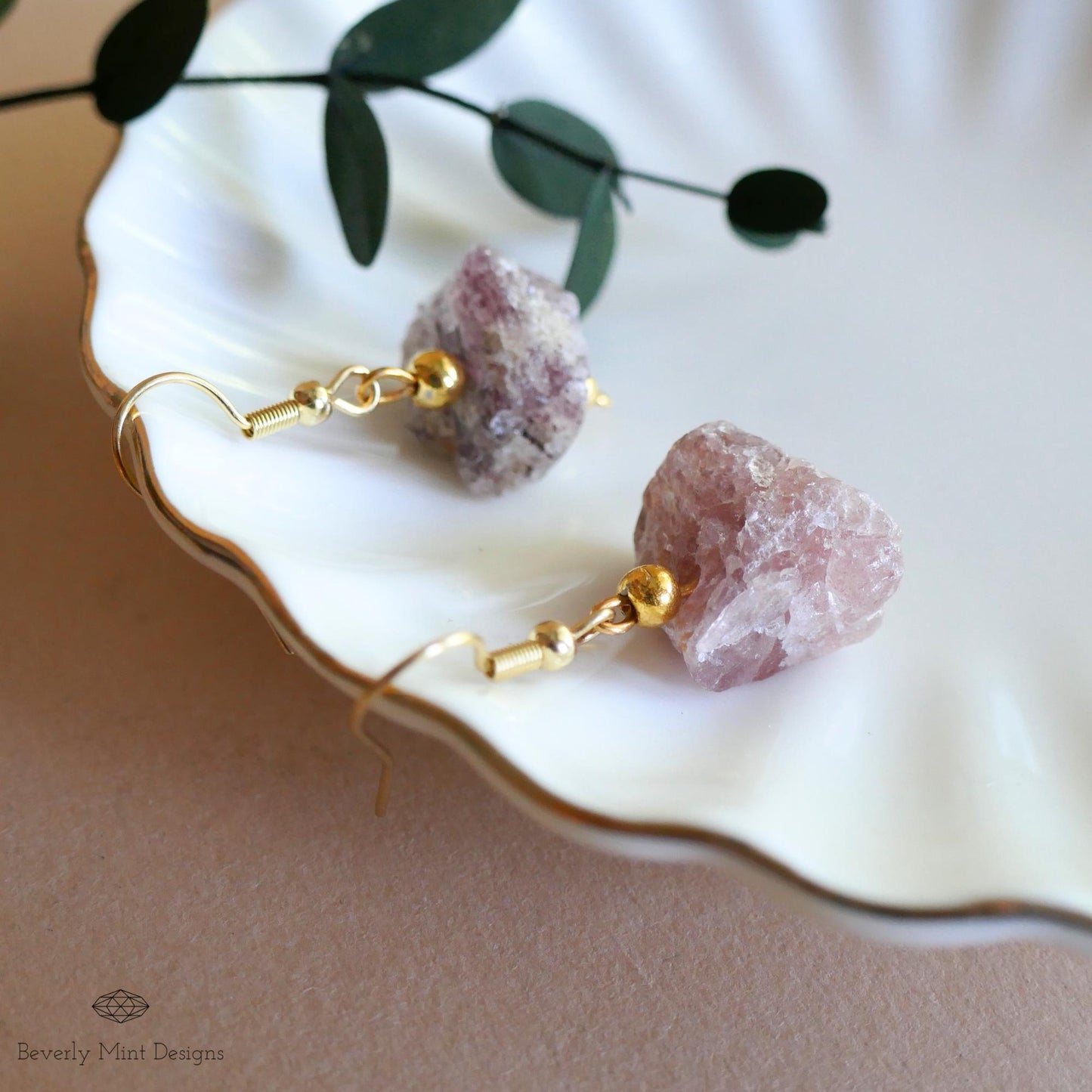 Irregular Rough Natural Raw Stone Earrings, Strawberry Quartz Earrings with 18K Gold Posts ,Natural Stone Jewelry, Gift for Her