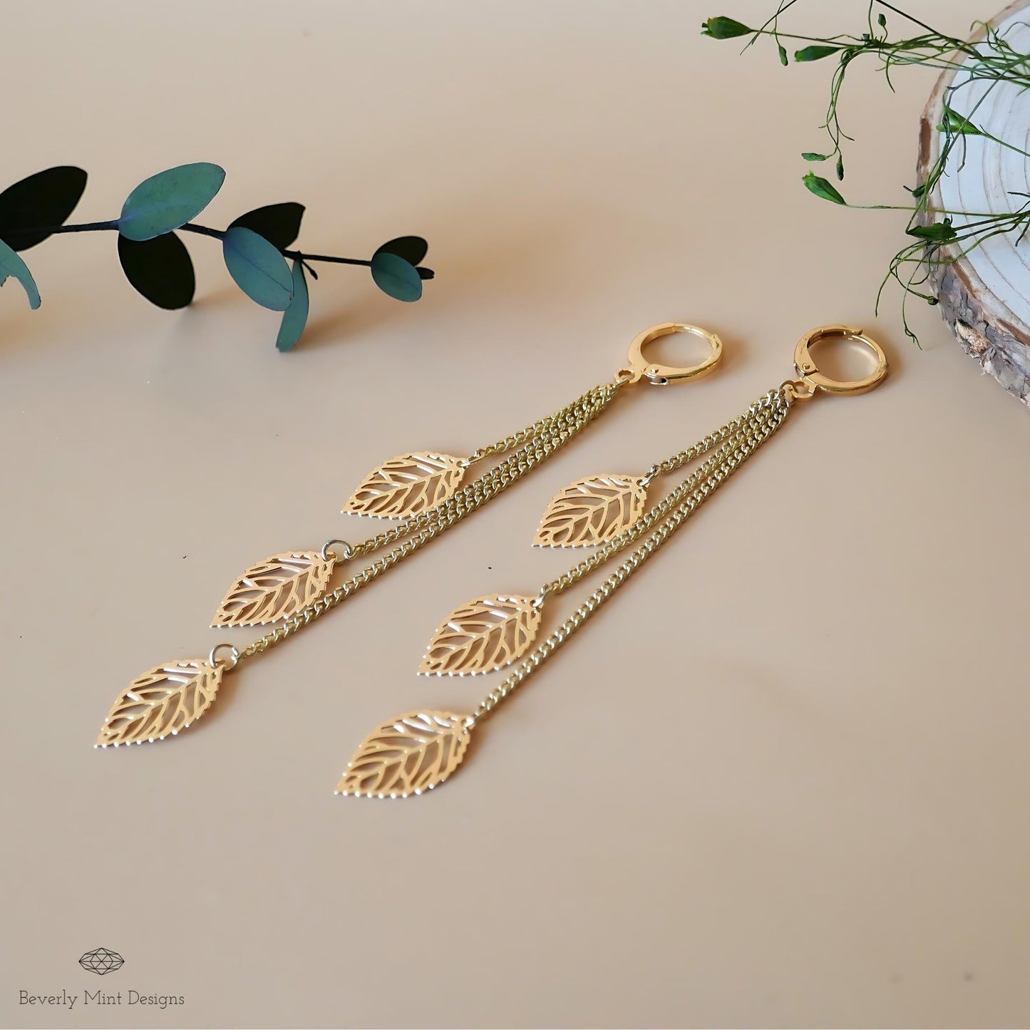 Leaf Earrings, Golden Leaves Drop Earrings, Threader Earrings, Long Boho Earrings, Lightweight Jewelry, Gift For Her