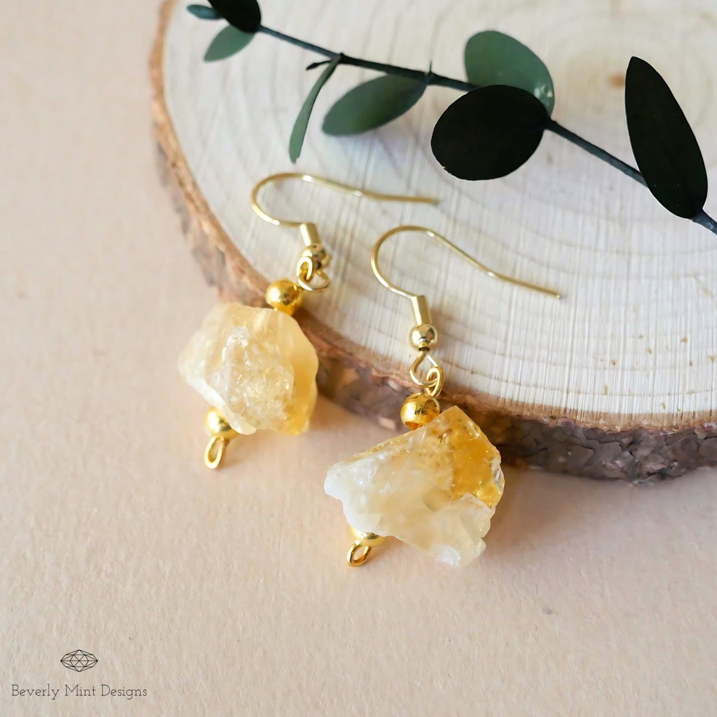 Citrine Earrings with 18K Gold, Irregular Rough Natural Raw Stone Earrings, Birthstone for November, Yellow Earrings, Gift for her