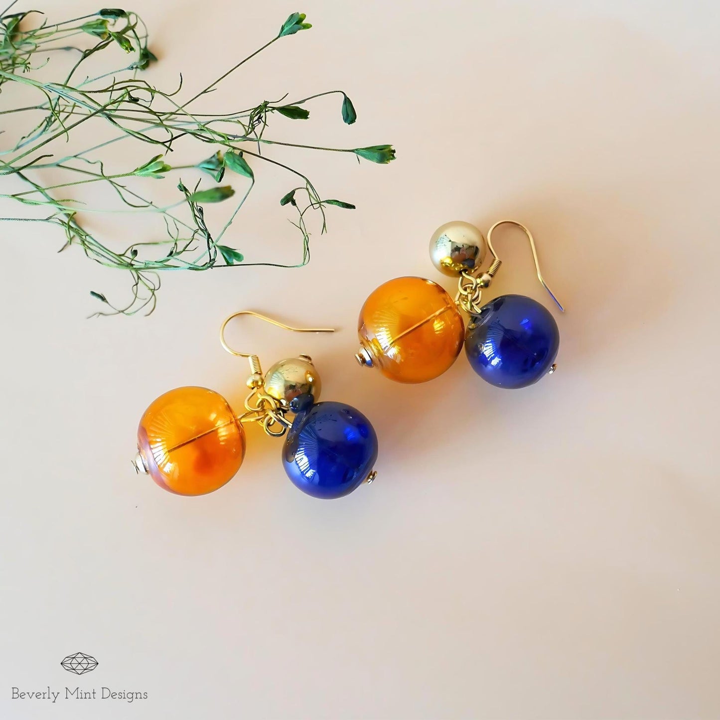 Glass Ball Dangle Long Earrings, 18K Gold Unique Glass Ball Earrings, Dangle & Drop Earrings, Unique Earrings, Colorful Earrings