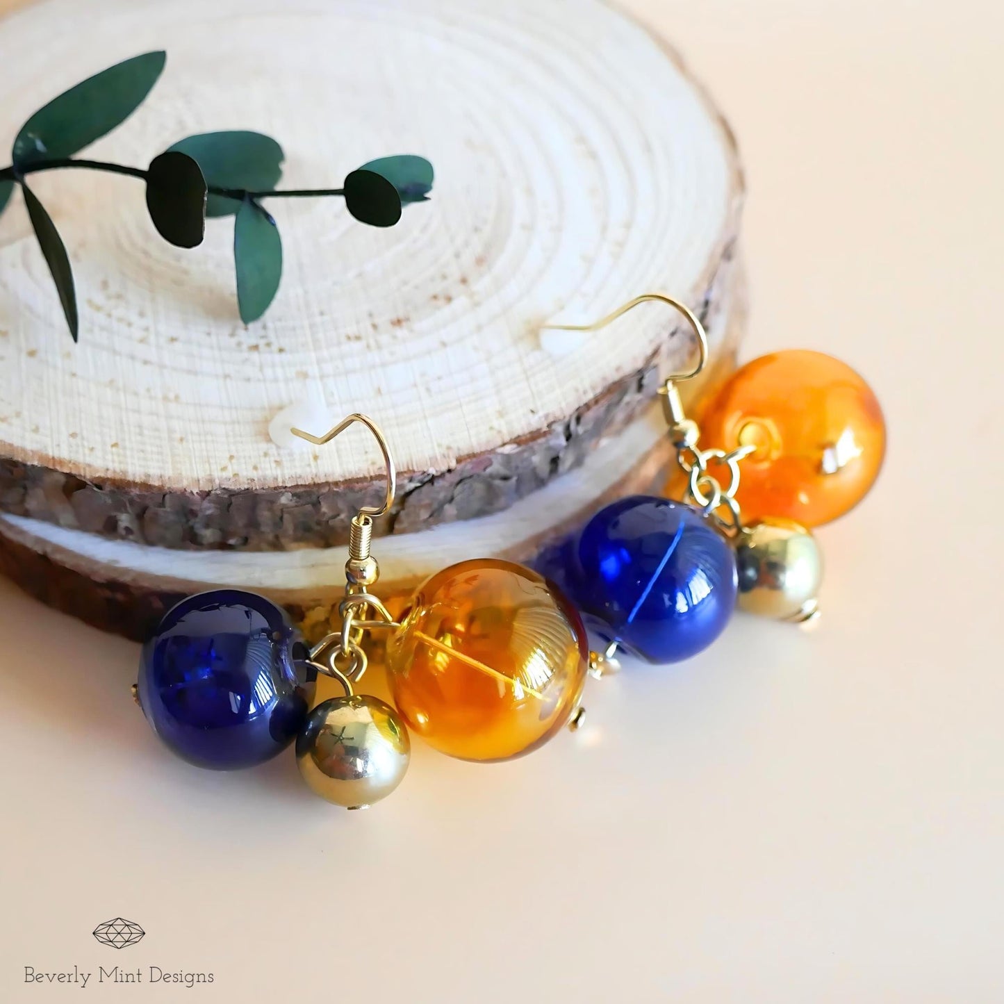 Glass Ball Dangle Long Earrings, 18K Gold Unique Glass Ball Earrings, Dangle & Drop Earrings, Unique Earrings, Colorful Earrings