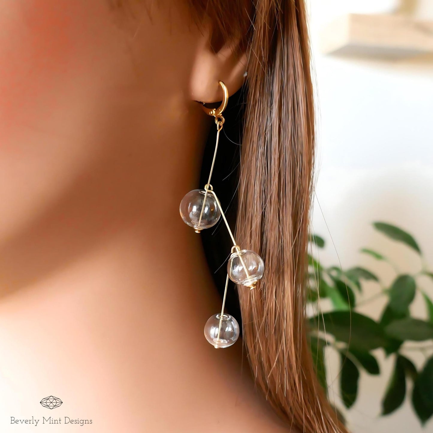 Unique Glass Ball Earrings, Vintage Earrings, Gold Dangle Earrings, Extra Long Drop Earrings, Clear ball Earrings, Mid Century Earrings