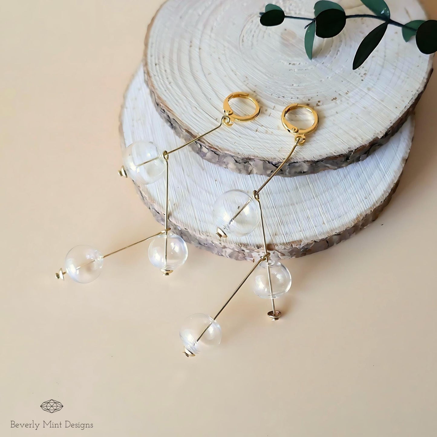 Unique Glass Ball Earrings, Vintage Earrings, Gold Dangle Earrings, Extra Long Drop Earrings, Clear ball Earrings, Mid Century Earrings