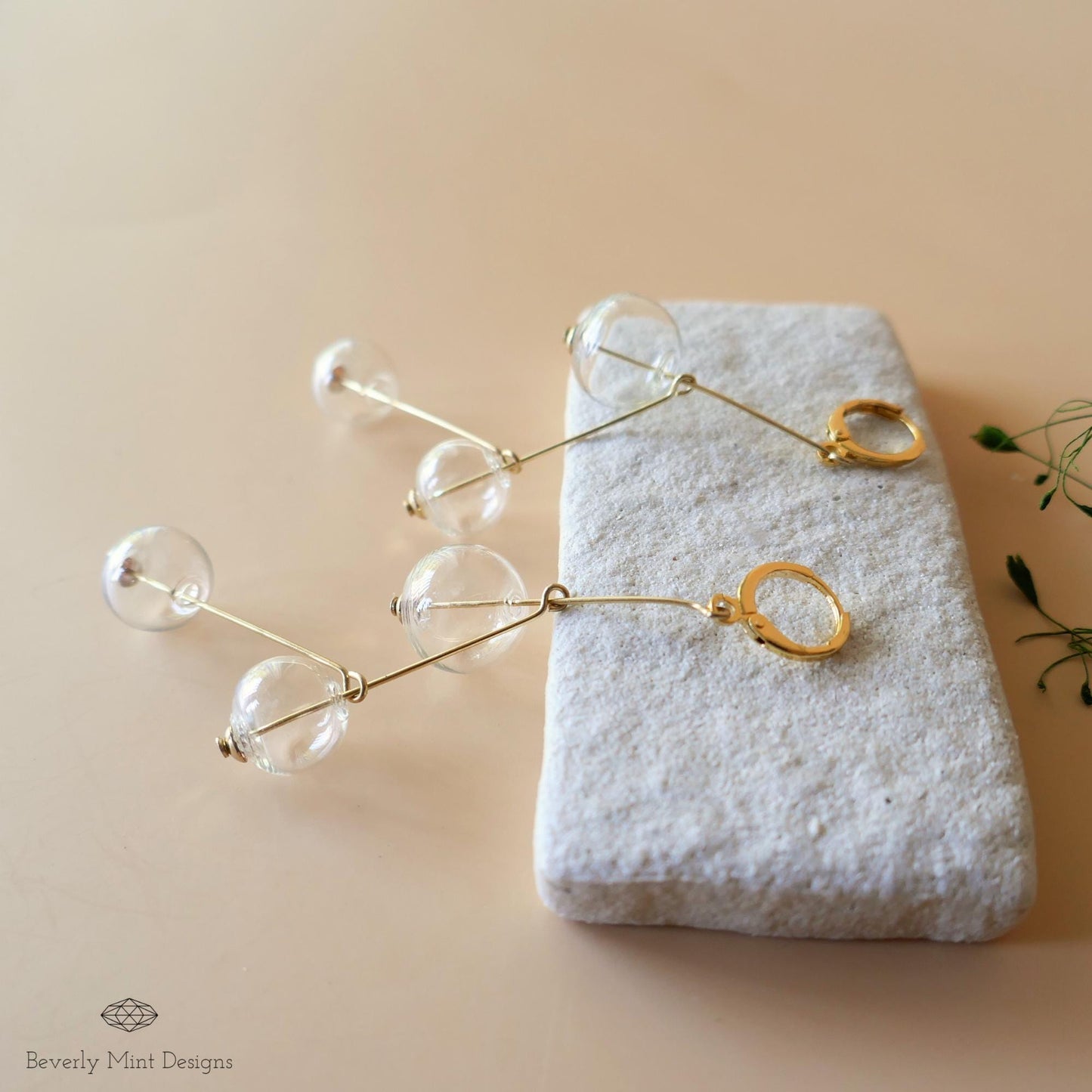 Unique Glass Ball Earrings, Vintage Earrings, Gold Dangle Earrings, Extra Long Drop Earrings, Clear ball Earrings, Mid Century Earrings