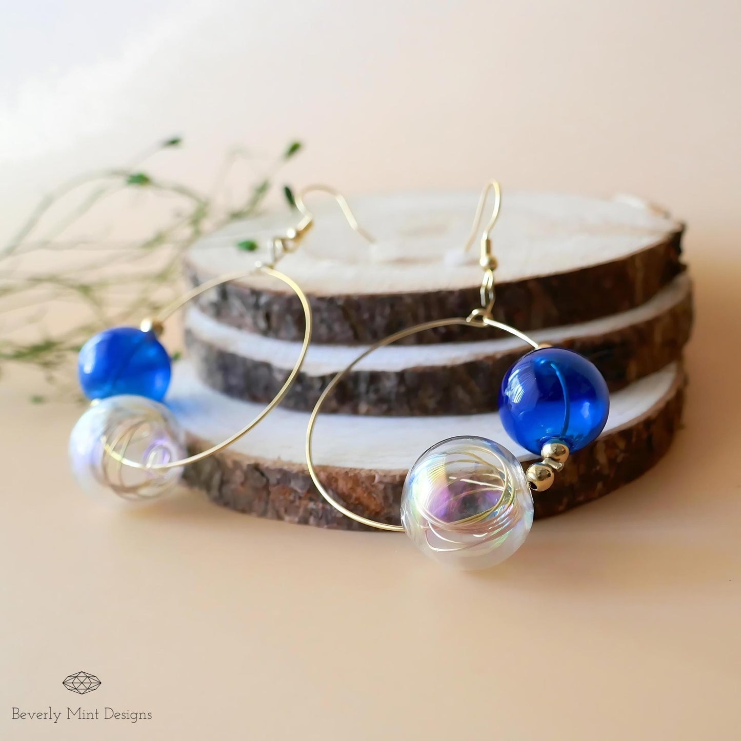 Glass Bubble Ball Earrings, 18K Gold Iridescent Sphere Hoop Earrings, Rainbow Bubble Earrings, Soap Bubble Blue Earrings, Blue Earrings