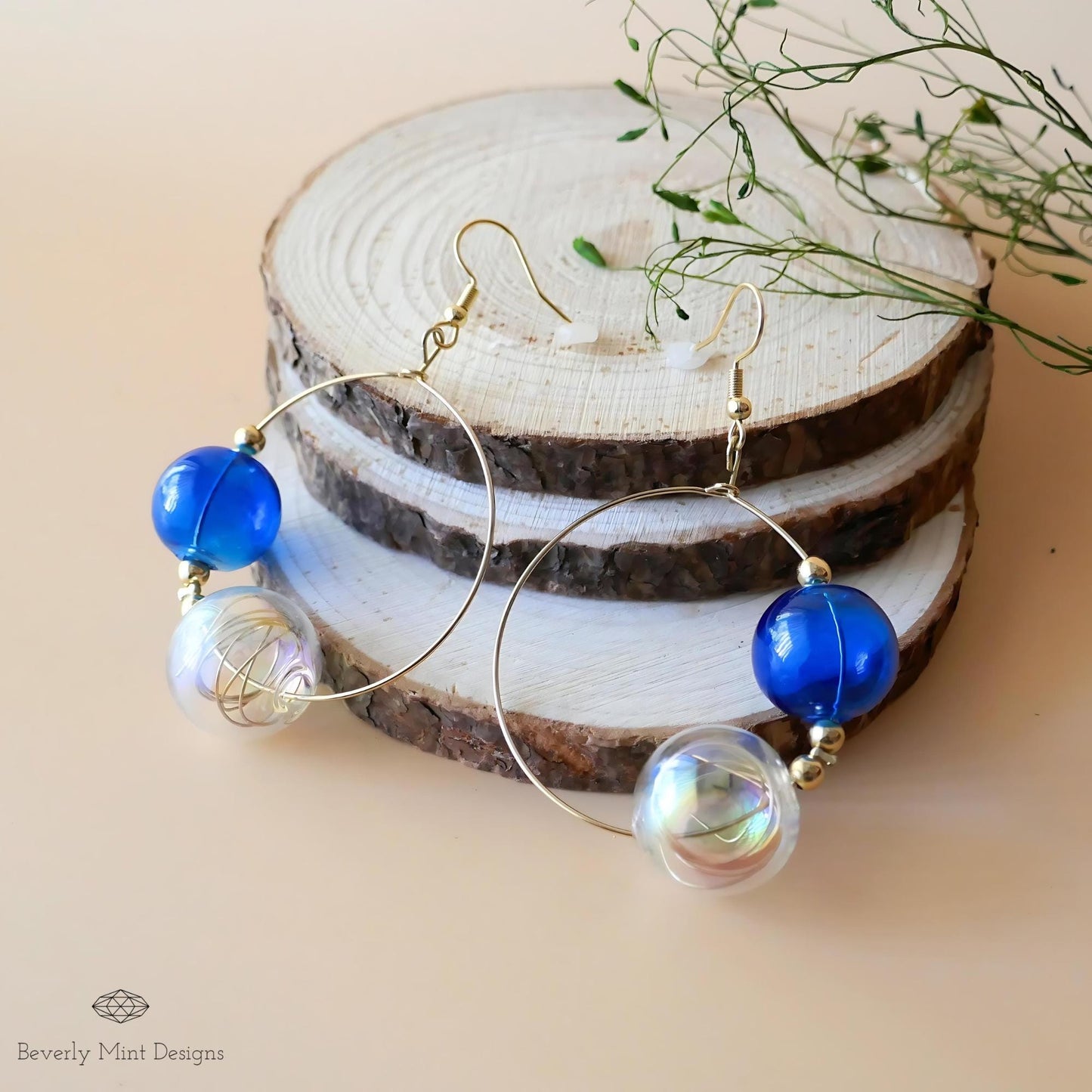 Glass Bubble Ball Earrings, 18K Gold Iridescent Sphere Hoop Earrings, Rainbow Bubble Earrings, Soap Bubble Blue Earrings, Blue Earrings