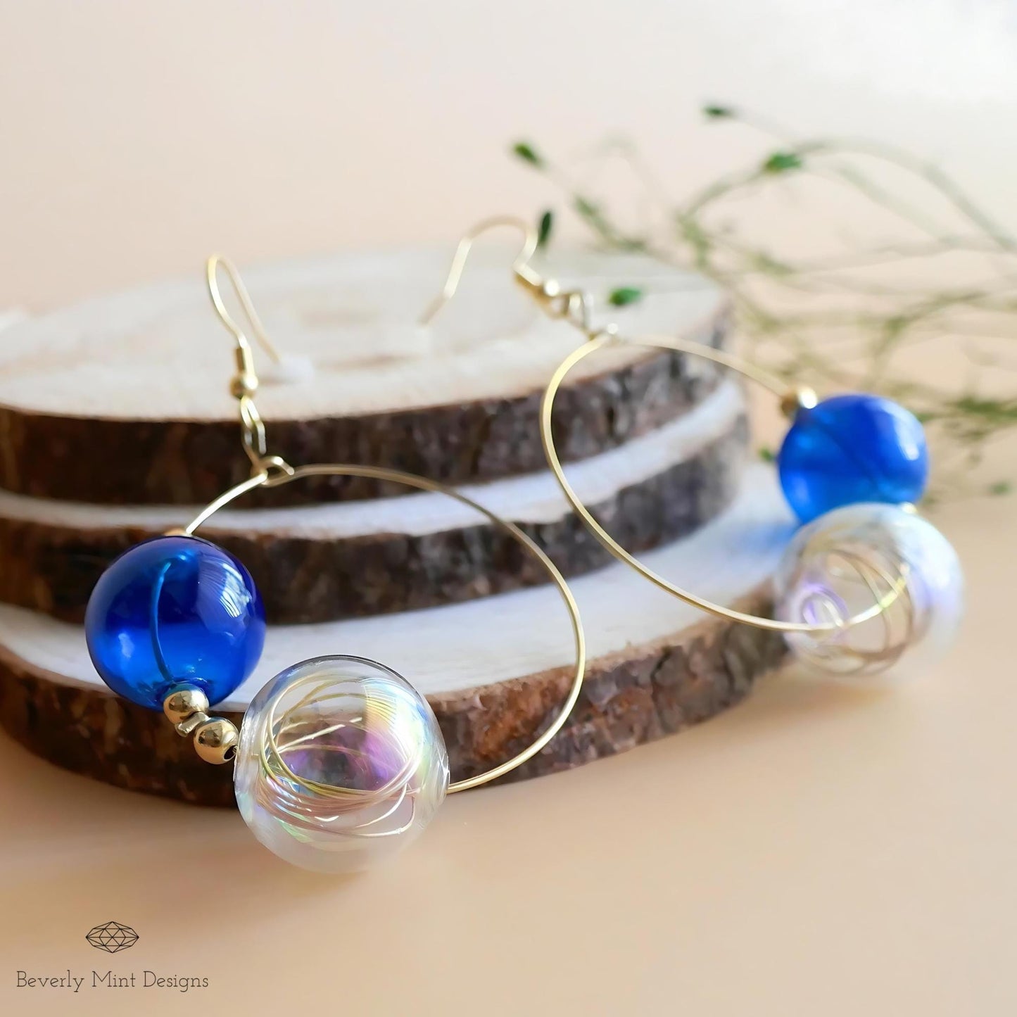 Glass Bubble Ball Earrings, 18K Gold Iridescent Sphere Hoop Earrings, Rainbow Bubble Earrings, Soap Bubble Blue Earrings, Blue Earrings