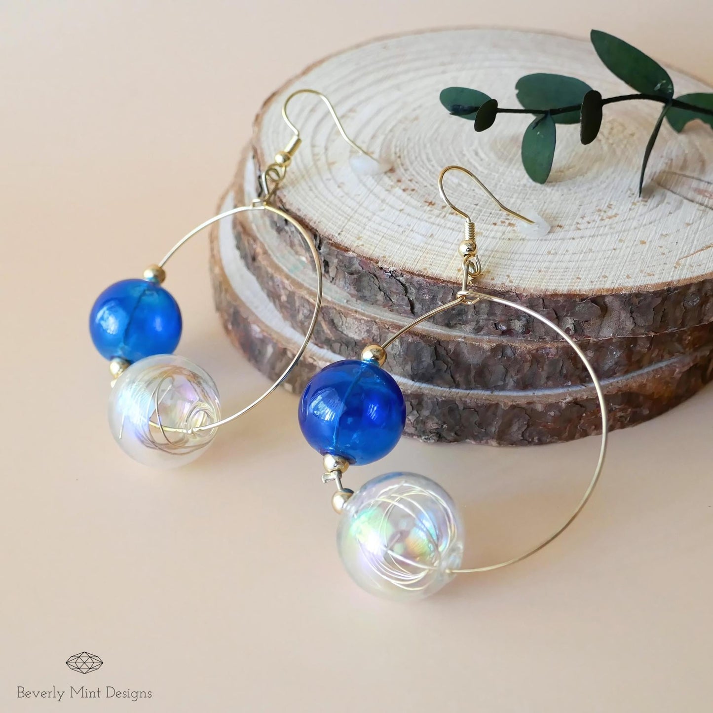Glass Bubble Ball Earrings, 18K Gold Iridescent Sphere Hoop Earrings, Rainbow Bubble Earrings, Soap Bubble Blue Earrings, Blue Earrings