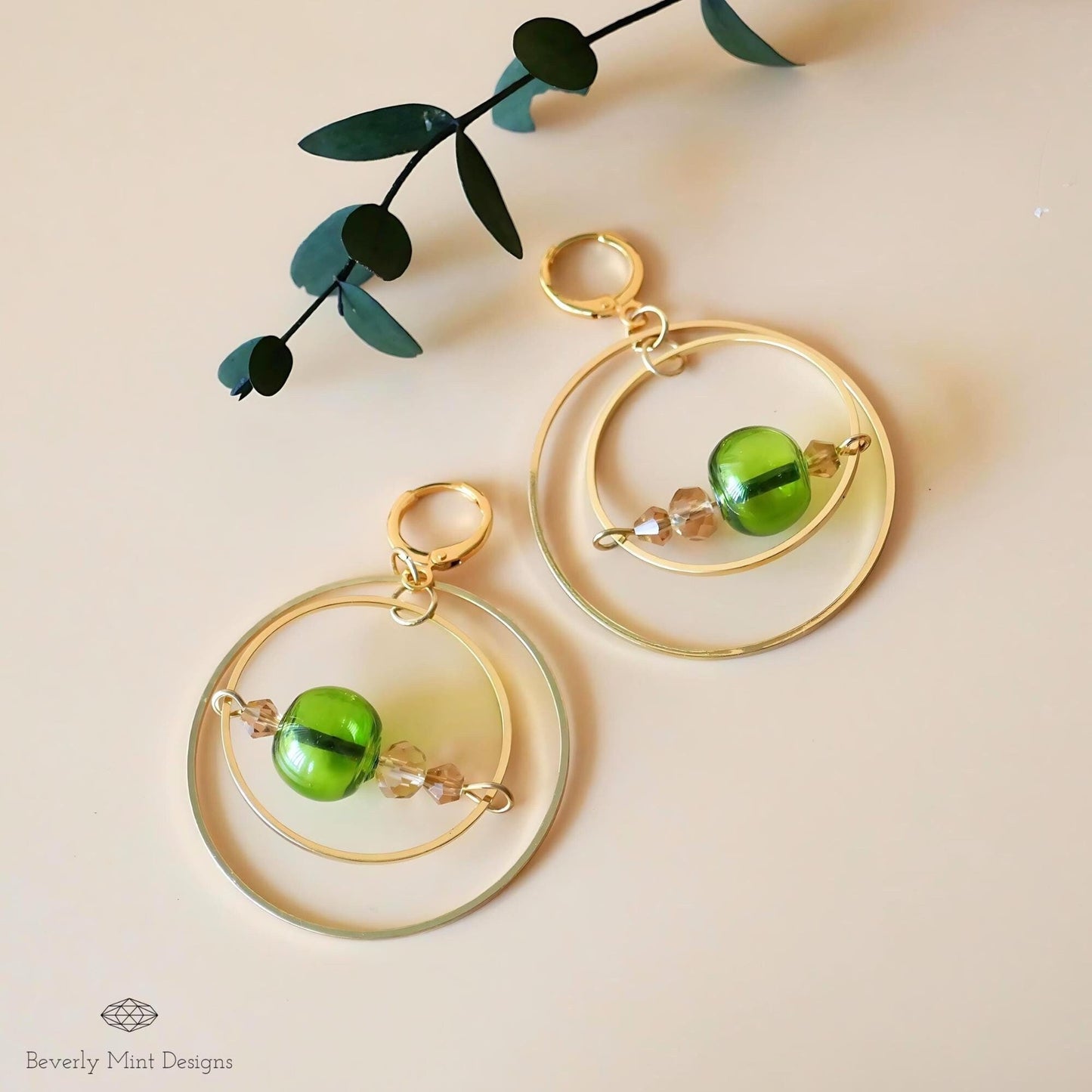 18K Gold Glass Ball Earrings, Green Drop Earrings, Dangle Long Earrings, Unique Glass Ball Earrings, Dangle Earrings, Drop Earrings