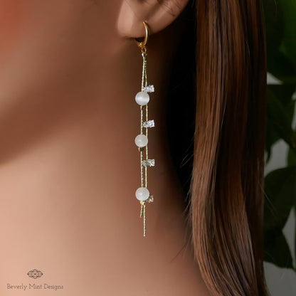 18K Gold Dangle Earrings, Gold Drop Earrings, Cubic Zirconia Dangle Earrings, CZ Long Earrings, Bridesmaid gift, Gift For Her