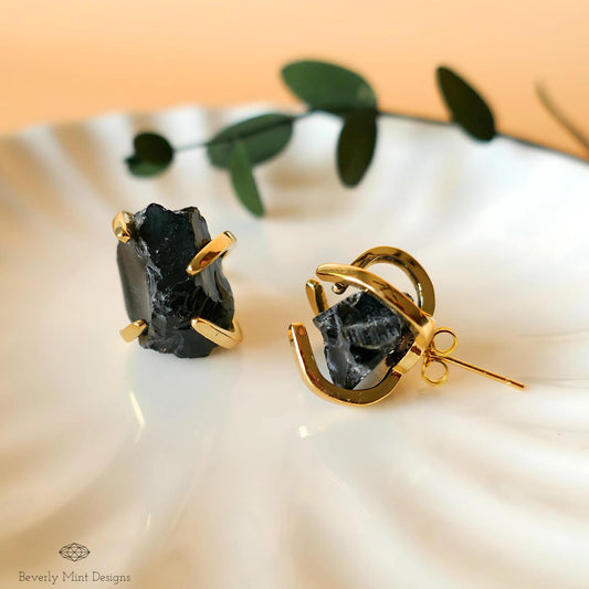 Obsidian Stud Earrings with 18K Gold, Black Stone Earrings,  1/2 -3/4 inches, Natural Raw Stone Earrings, Gift For Her, Gift For Her
