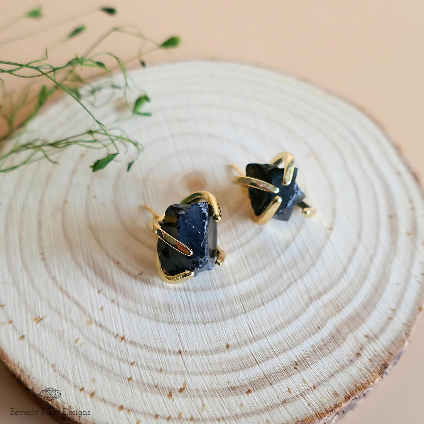 Obsidian Stud Earrings with 18K Gold, Black Stone Earrings,  1/2 -3/4 inches, Natural Raw Stone Earrings, Gift For Her, Gift For Her