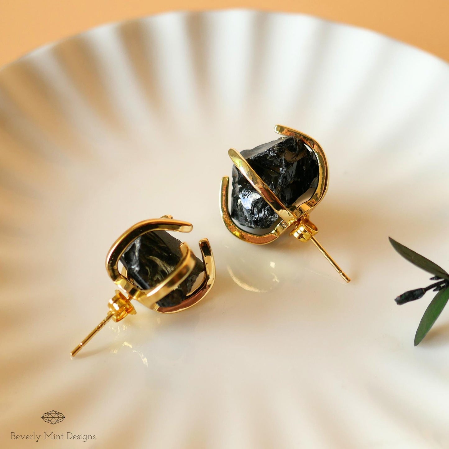 Obsidian Stud Earrings with 18K Gold, Black Stone Earrings,  1/2 -3/4 inches, Natural Raw Stone Earrings, Gift For Her, Gift For Her