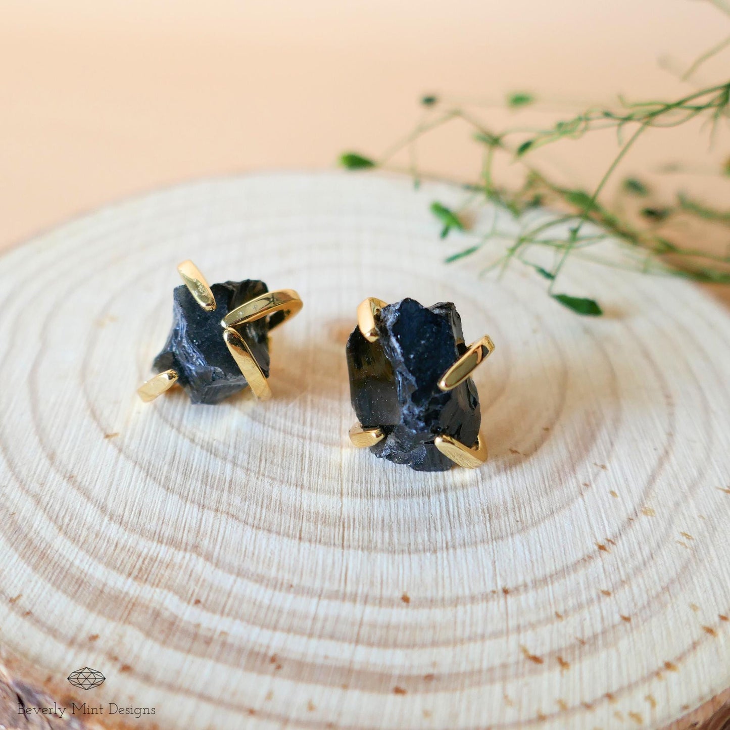 Obsidian Stud Earrings with 18K Gold, Black Stone Earrings,  1/2 -3/4 inches, Natural Raw Stone Earrings, Gift For Her, Gift For Her