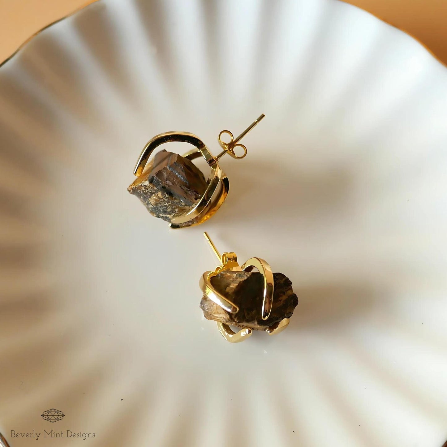 Tiger's Eye Stud Earrings with 18K Gold, Healing Stone Earrings,  1/2 -3/4 inches, Natural Raw Stone Earrings, Chakra Stones