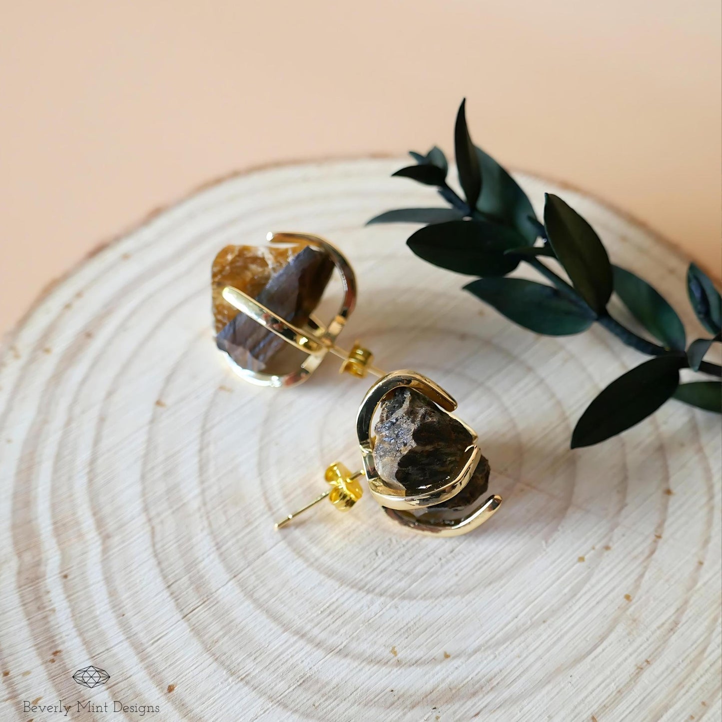 Tiger's Eye Stud Earrings with 18K Gold, Healing Stone Earrings,  1/2 -3/4 inches, Natural Raw Stone Earrings, Chakra Stones