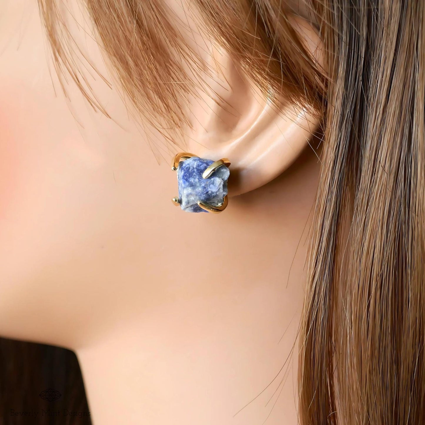 Sodalite Stud Earrings with 18K Gold, Blue Stone Earrings, 1/2 -3/4 inches, Natural Raw Stone Earrings, Chakra Stones, Gift For Her