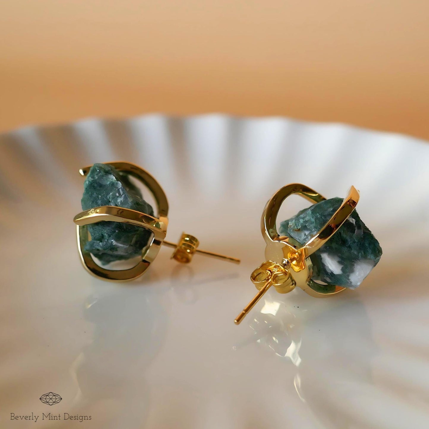 Epidote Stud Earrings with 18K Gold, Green Stone Earrings,  1/2 - 3/4 inches, Natural Raw Stone Earrings, Heart Chakra Stone