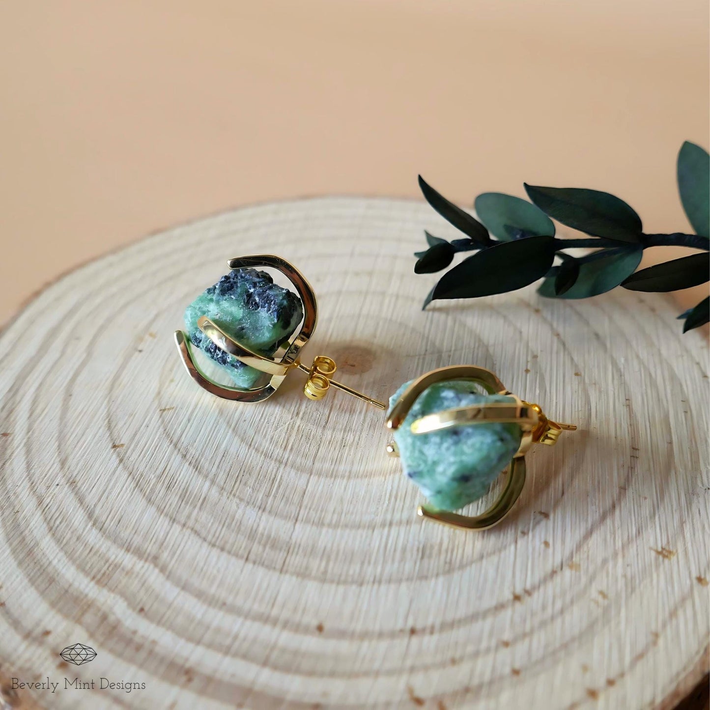 Epidote Stud Earrings with 18K Gold, Green Stone Earrings,  1/2 - 3/4 inches, Natural Raw Stone Earrings, Heart Chakra Stone