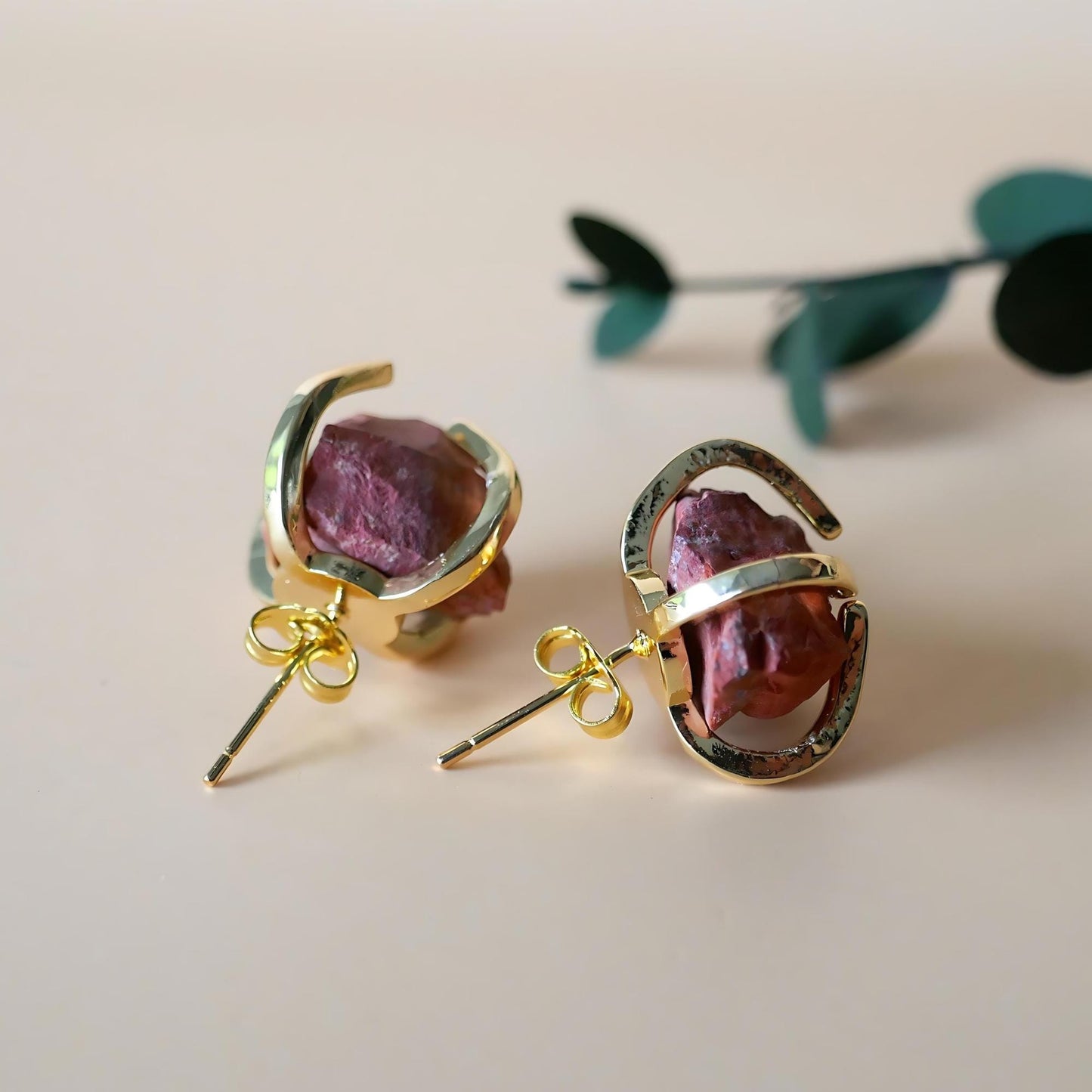 Red Stone Stud Earrings with 18K Gold, Red Stone Earrings, 1/2 -3/4 inches, Natural Raw Stone, Gift For Her