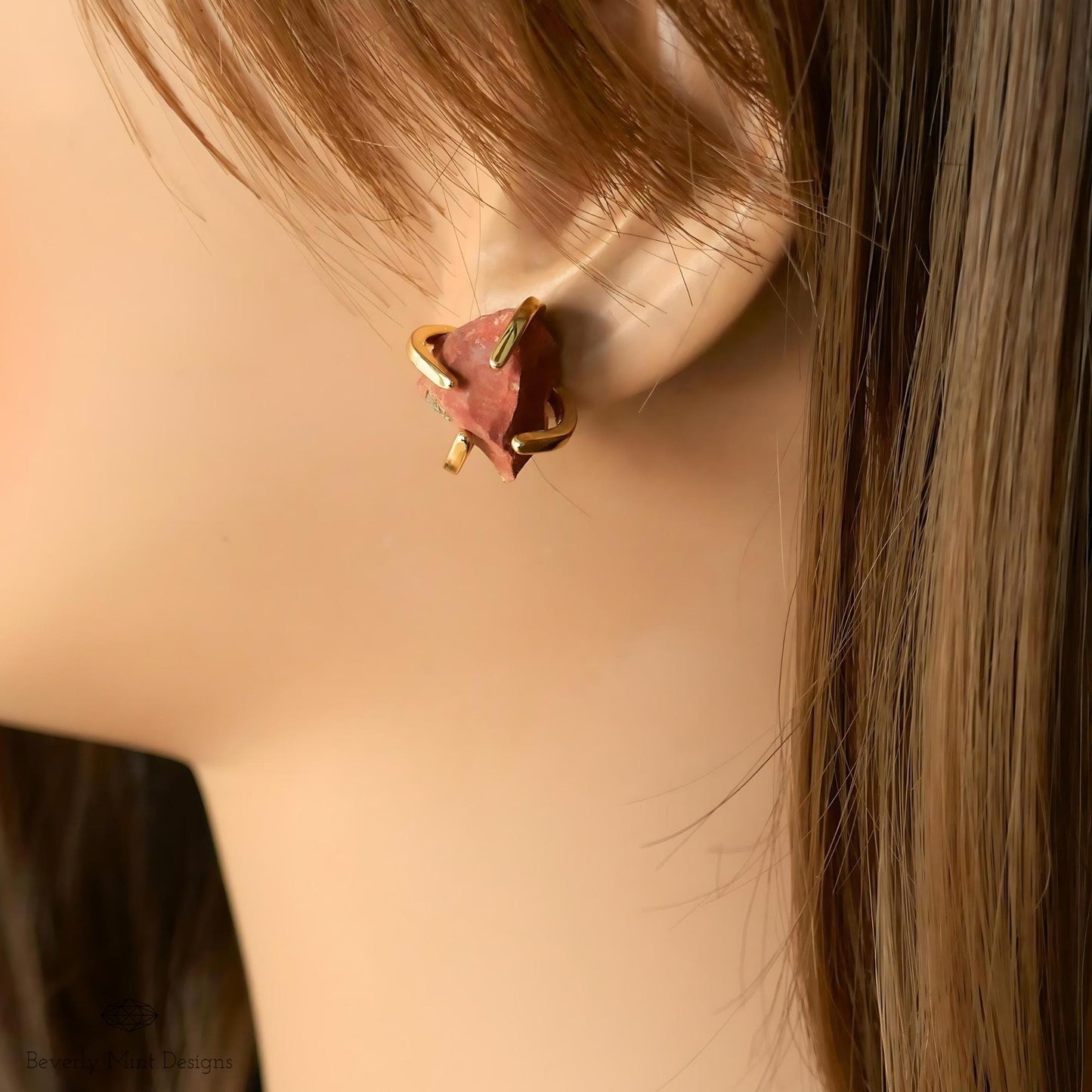 Red Stone Stud Earrings with 18K Gold, Red Stone Earrings, 1/2 -3/4 inches, Natural Raw Stone, Gift For Her