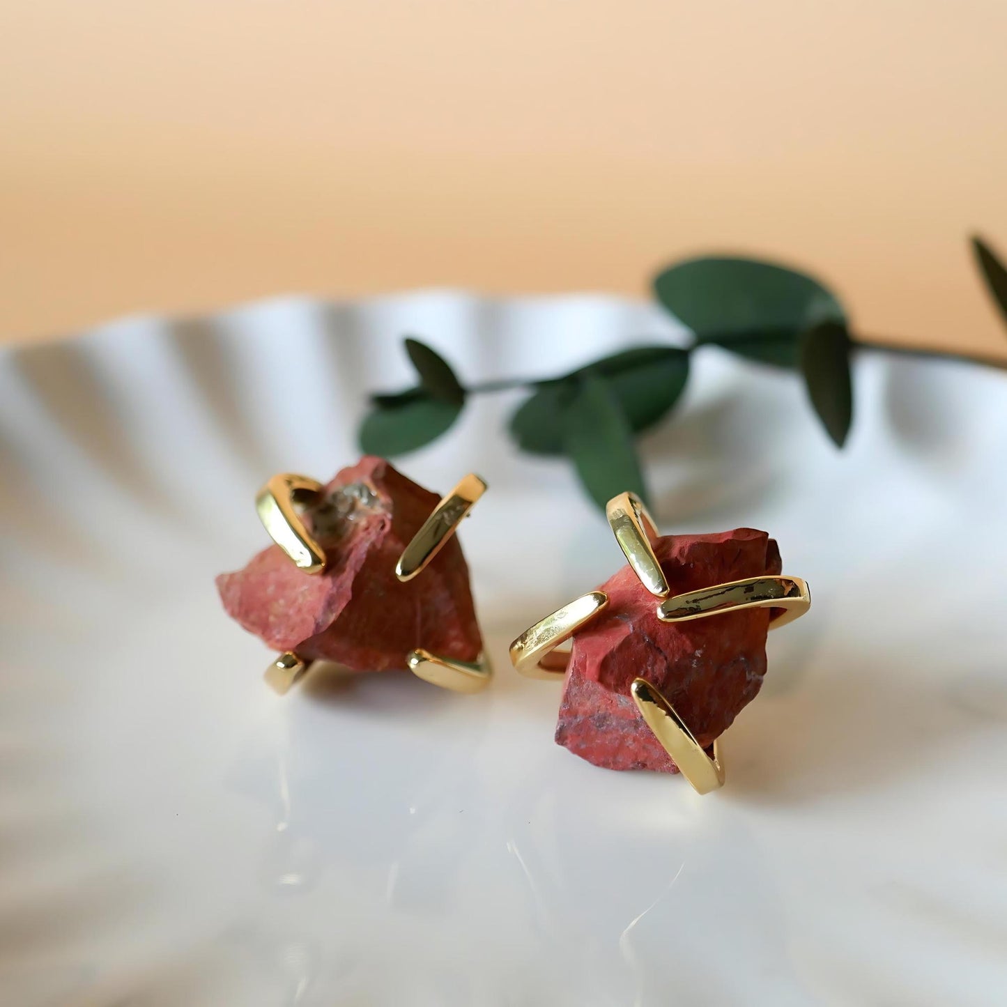 Red Stone Stud Earrings with 18K Gold, Red Stone Earrings, 1/2 -3/4 inches, Natural Raw Stone, Gift For Her