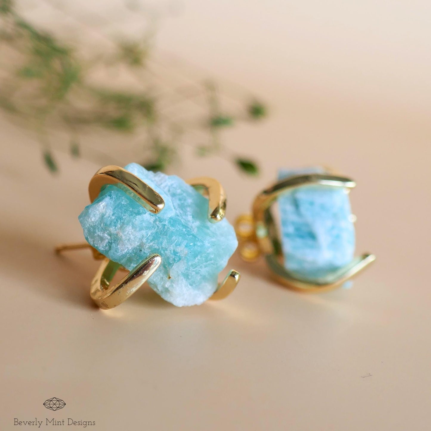 Amazonite Stud Earrings with 18K Gold, Green Stone Earrings,  1/2 - 3/4 inches, Natural Raw Stone Earrings, Chakra Stone, Gift For Her