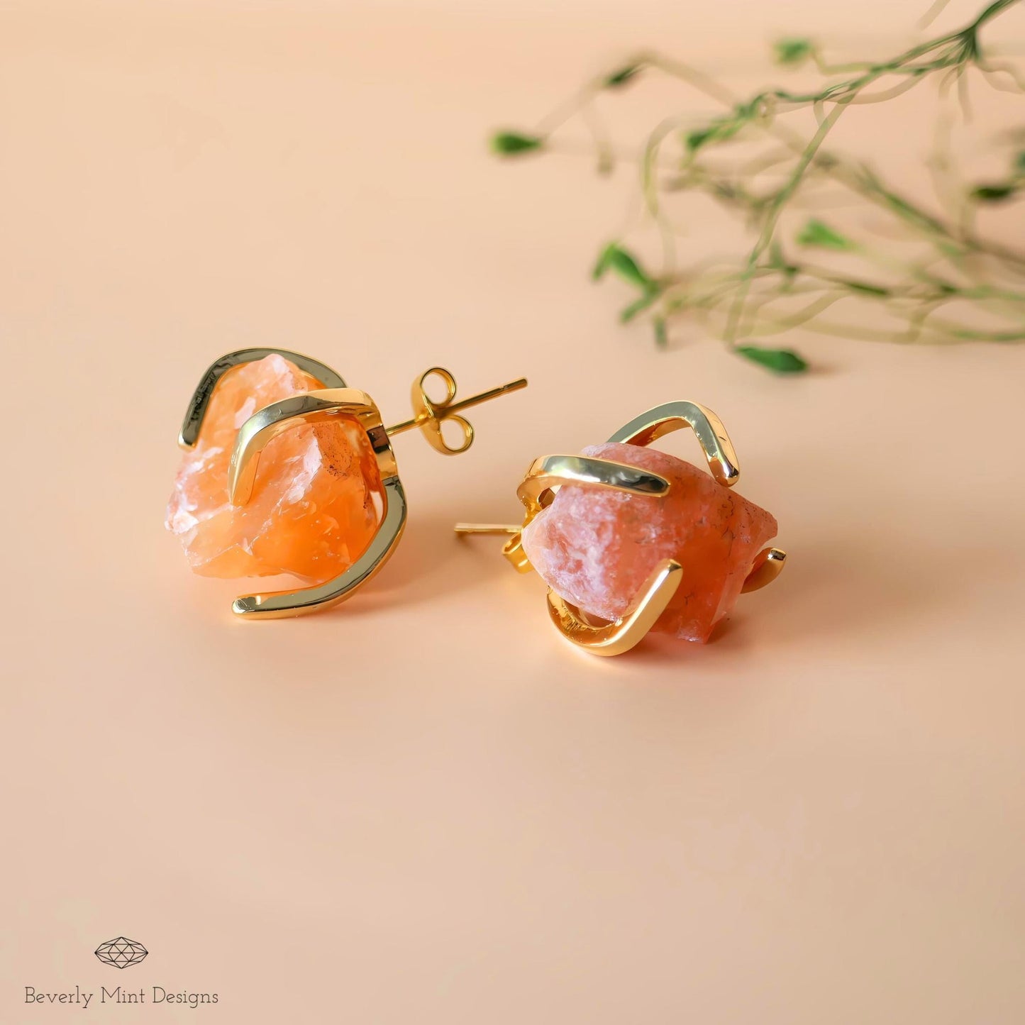 Red Agate Stud Earrings with 18K Gold, Red Orange Stone Earrings, 1/2 -3/4 inches, Natural Raw Stone, Chakra Stone, Gift For Her