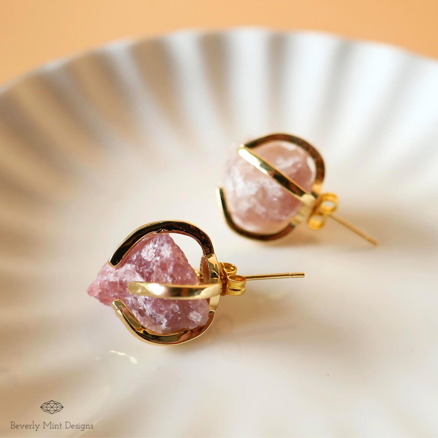 Strawberry Quartz Stud Earrings with 18K Gold, Purple Earrings,  1/2 -3/4 inches, Natural Raw Stone, Chakra Stones, Gift For Her