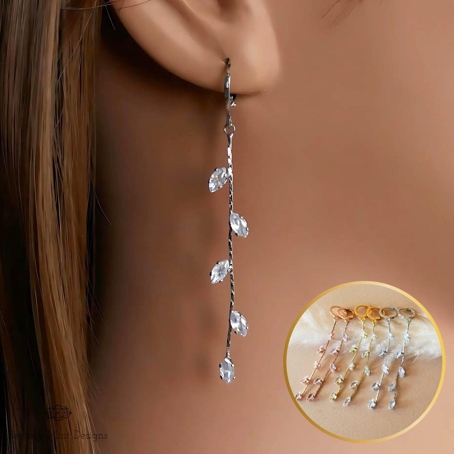 Gold Long Dangle Earrings, Crystal Leaf Drop Earrings, Delicate Bridal Jewelry, Minimalist Wedding Earrings, Elegant Gift for Her