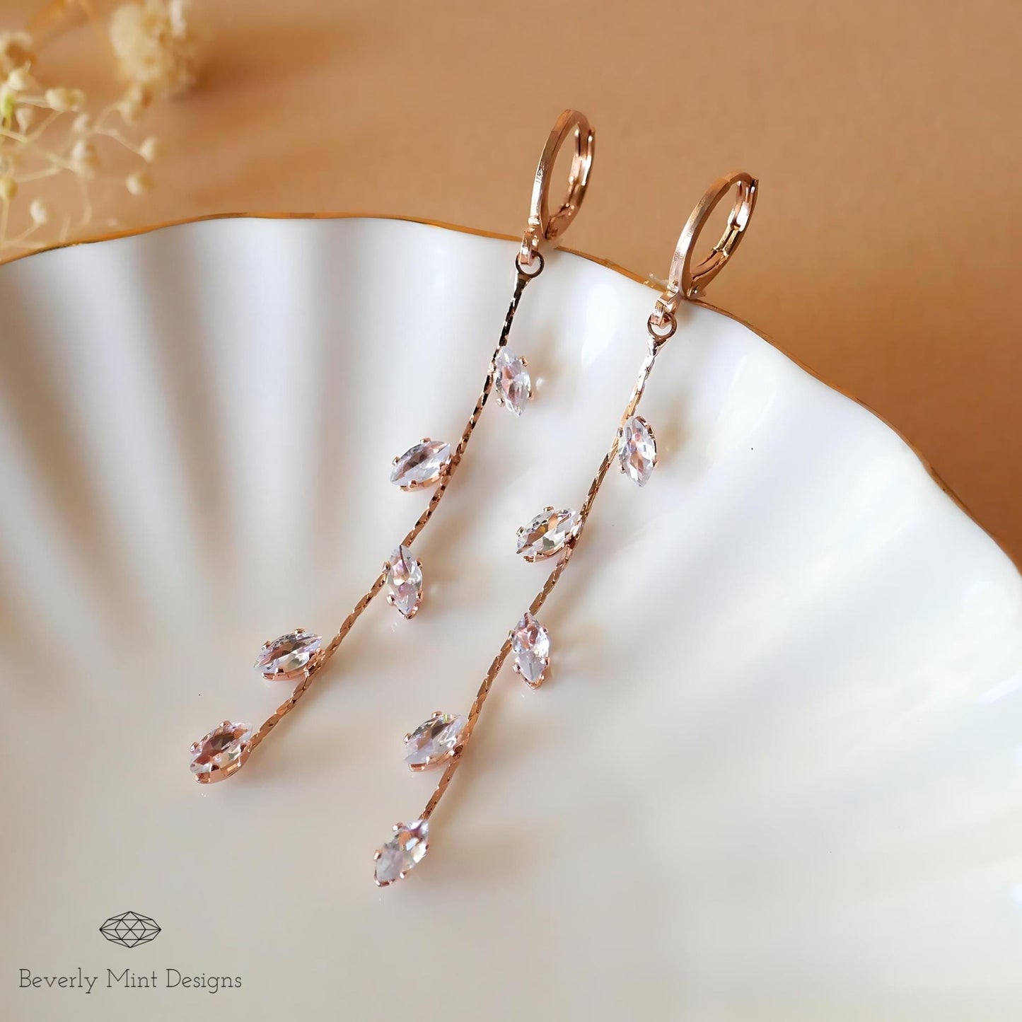 Gold Long Dangle Earrings, Crystal Leaf Drop Earrings, Delicate Bridal Jewelry, Minimalist Wedding Earrings, Elegant Gift for Her